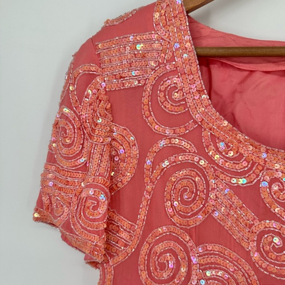 Oleg Cassini Black Tie Peachy Pink Sequin Beaded Mini Dress Embellished size 12 - Picture 3 of 14